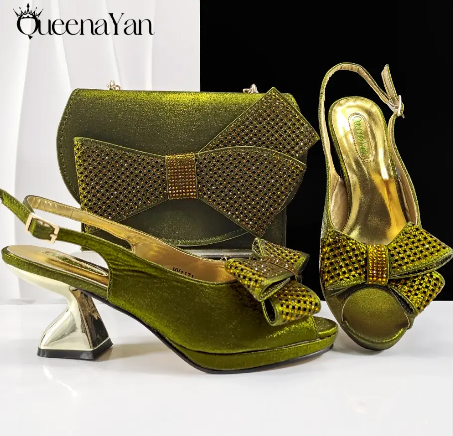 2025 New Rhinestone Design African Shoes & Bag Set In Olive